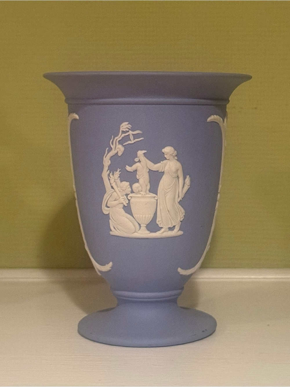 Wedgwood England Blue Jasperware White On Blue Vase Greek Figures 5”